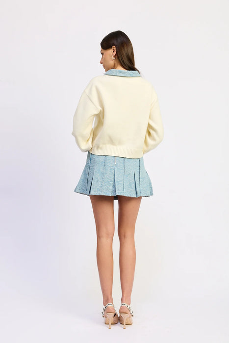 Mixed Media Denim Collar Sweater