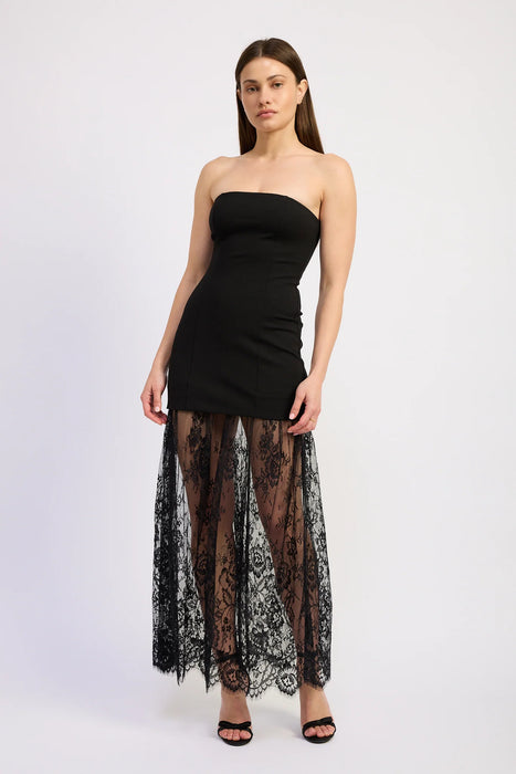 Strapless Mixed Media Lace Maxi Dress