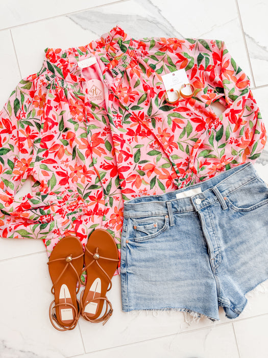 Floral Chiffon Lurex Ruffle Collar Top