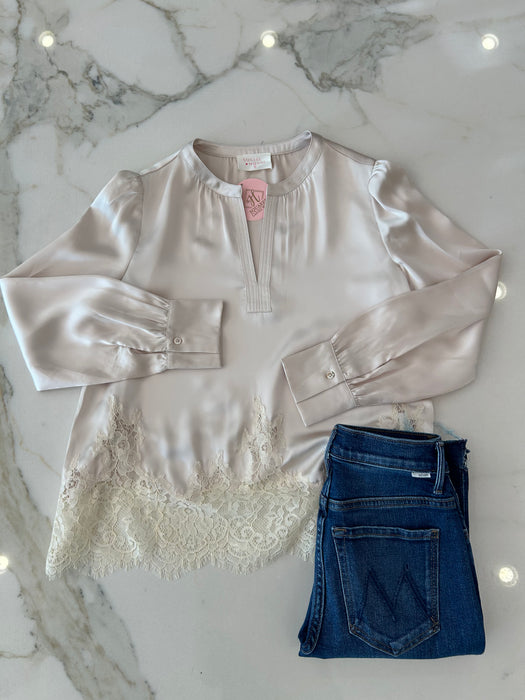 Split Neck Long Sleeve Lace Hem Top