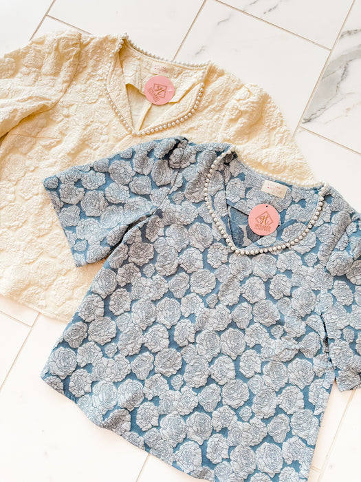 Pearl Collared Floral Textured Top