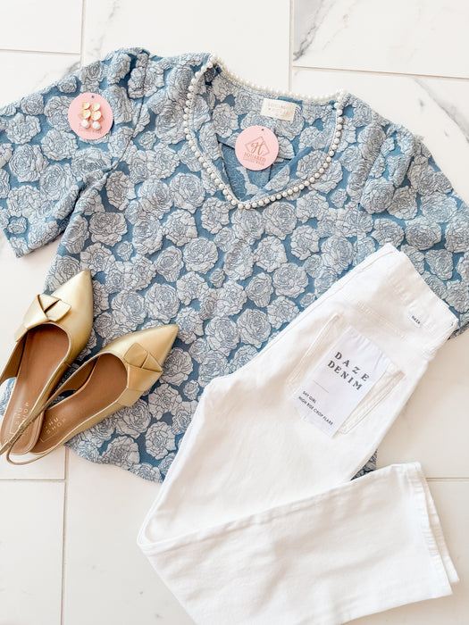 Pearl Collared Floral Textured Top