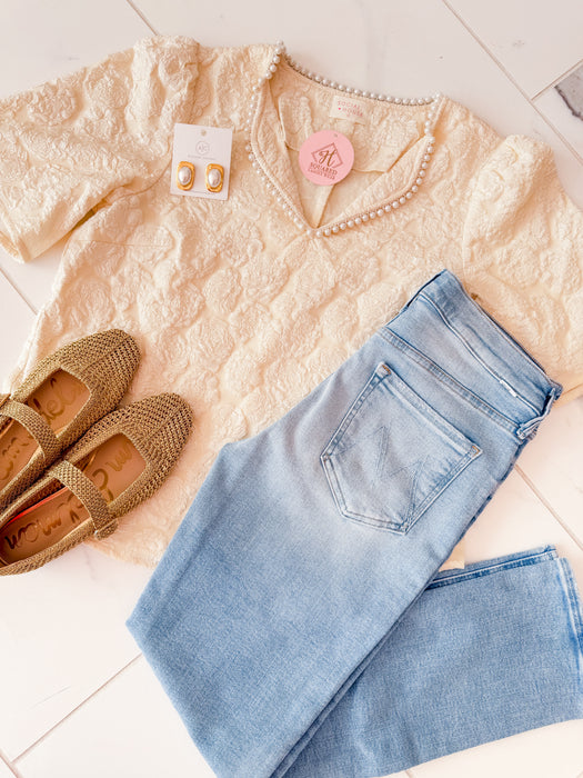 Pearl Collared Floral Textured Top