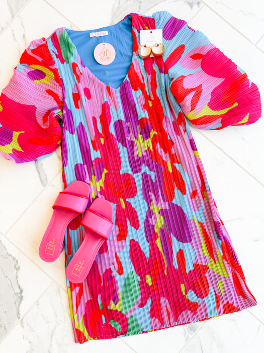 Big Floral Pleat V Neck Dress