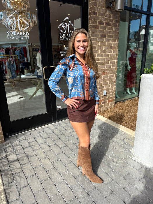 Printed Cape Button Down Long Slv Blouse