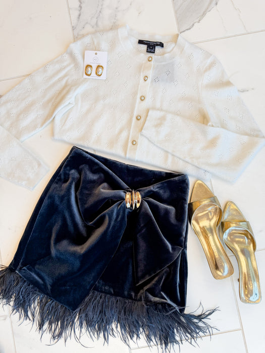 Feather Hem Velvet Mini Skirt