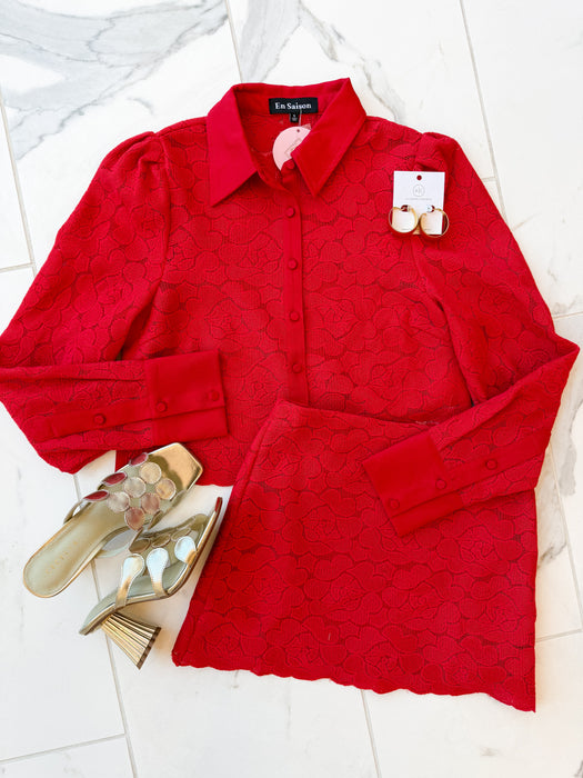 Scallop Hem Floral Lace Button Up Long Sleeve