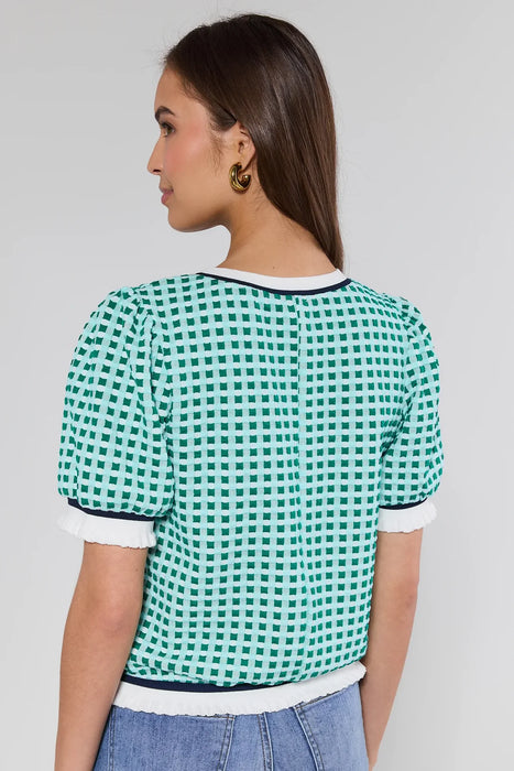 Puff Sleeve Contrast Plaid Knit Top