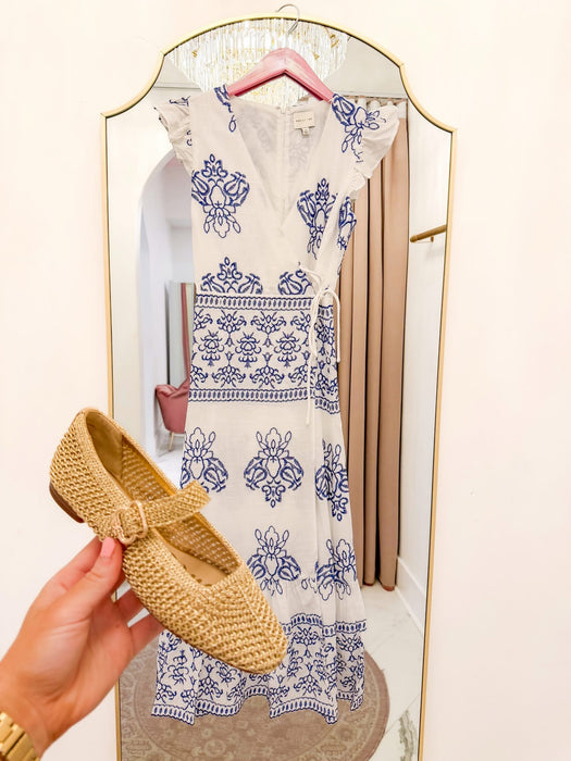 Carmelia Embroidered Wrap Midi Dress