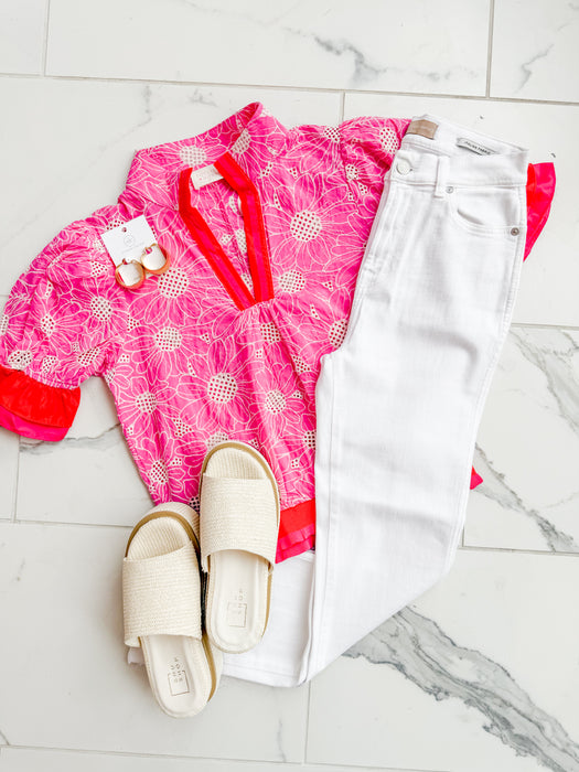 Color Block Ruffle Floral Eyelet Top