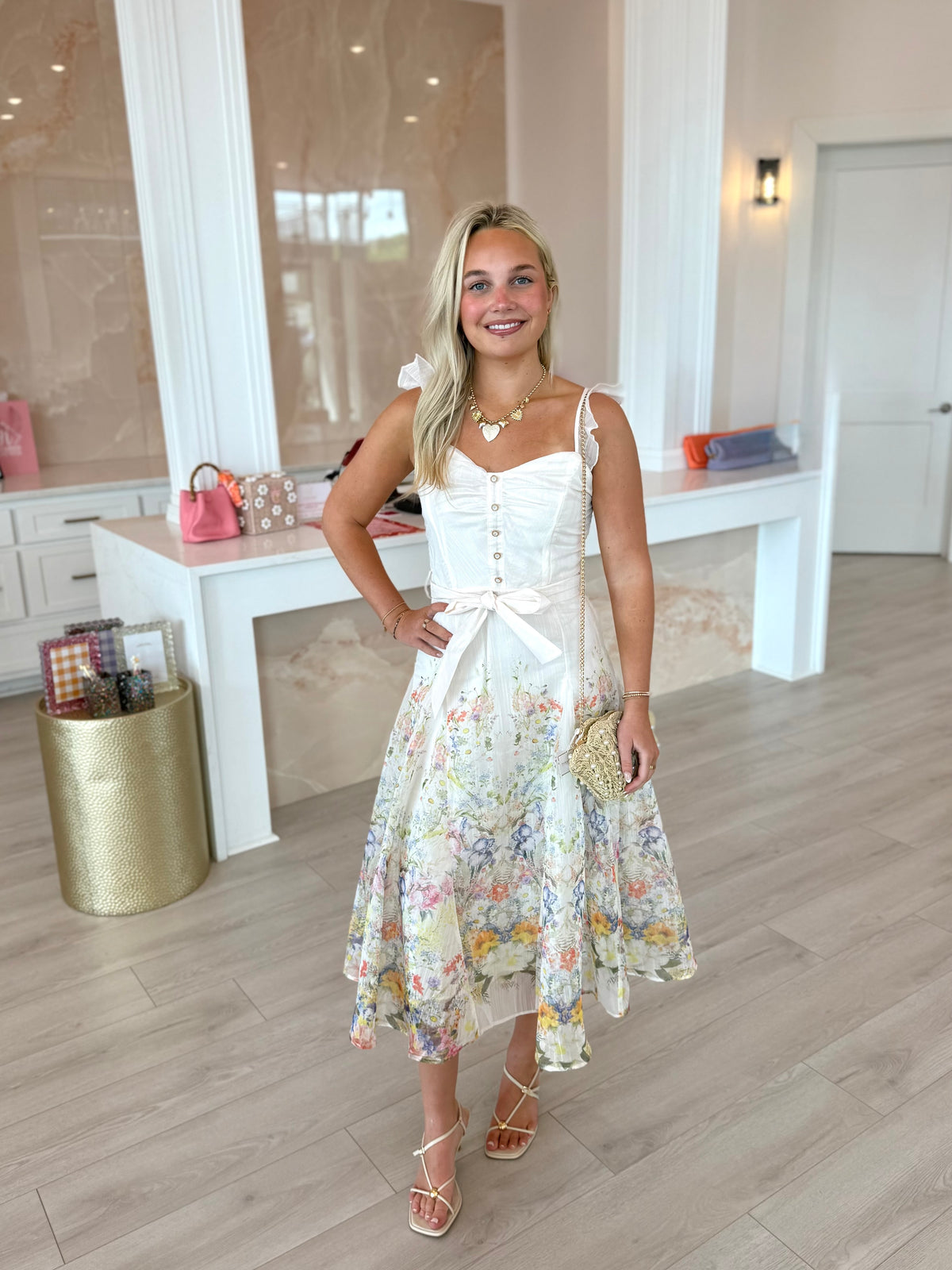 Floral Lace Trim Midi Dress Ivory / L