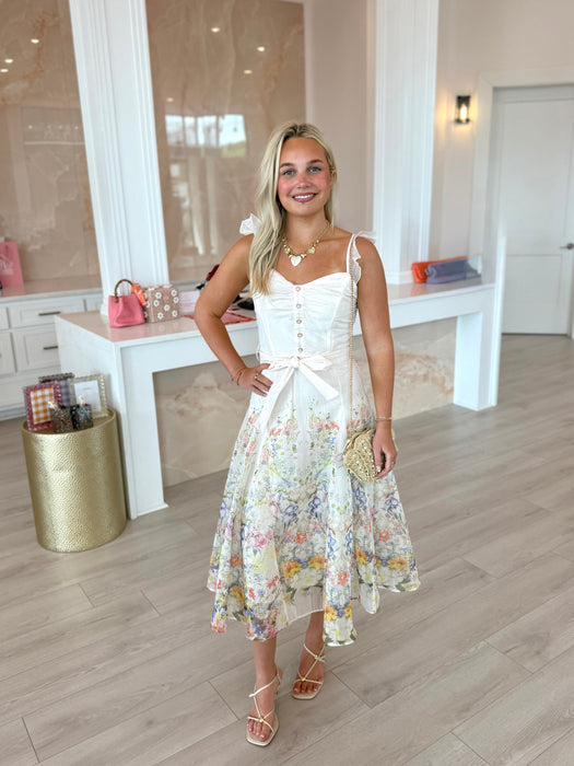 Floral Lace Trim Midi Dress Ivory / L