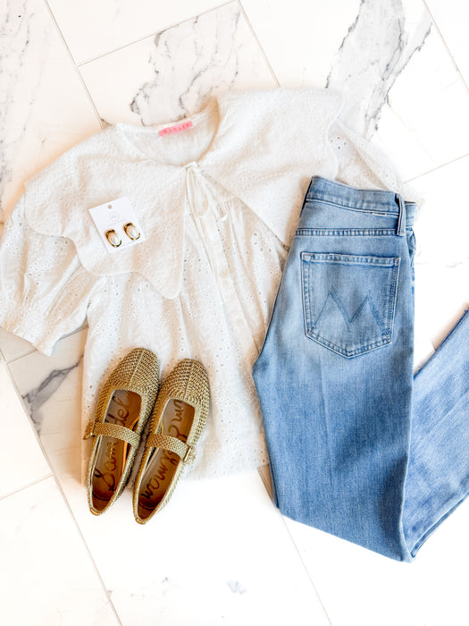 Eyelet Novelty Collar Top