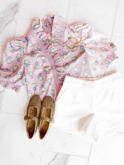 French Floral Ruffle Puff Sleeve Top