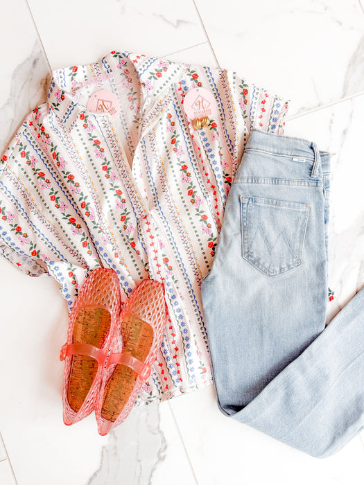 French Multi Floral V Neck Signature Top