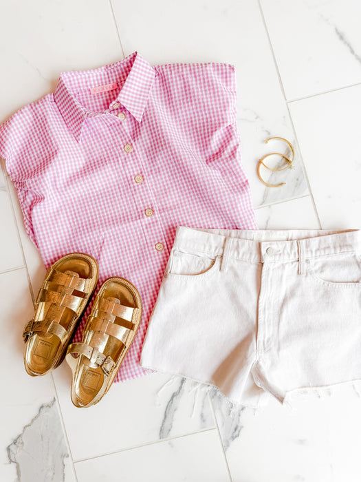 Check Poplin Bubble Sleeve Button Up Top