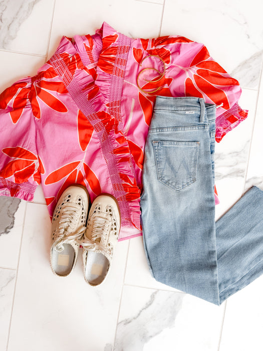 Palm Leaf Floral Ruffle Puff Sleeve Top