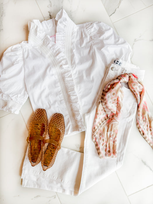 Solid Poplin Puff Sleeve Ruffle Top