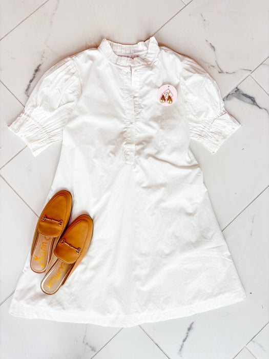 Solid Poplin Ruffle Neck Pleat Back Tie Dress