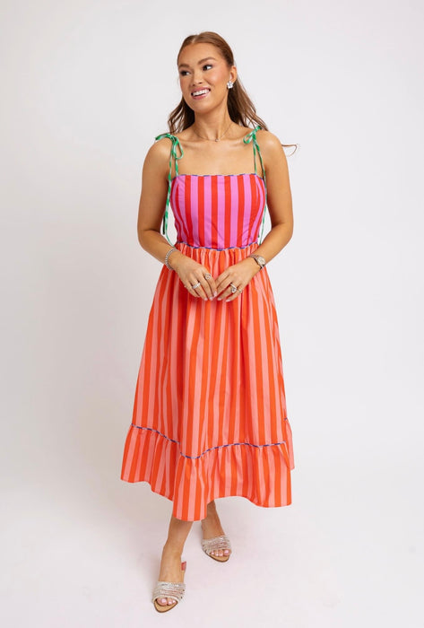 Stripe Color Block Tie Shoulder Maxi