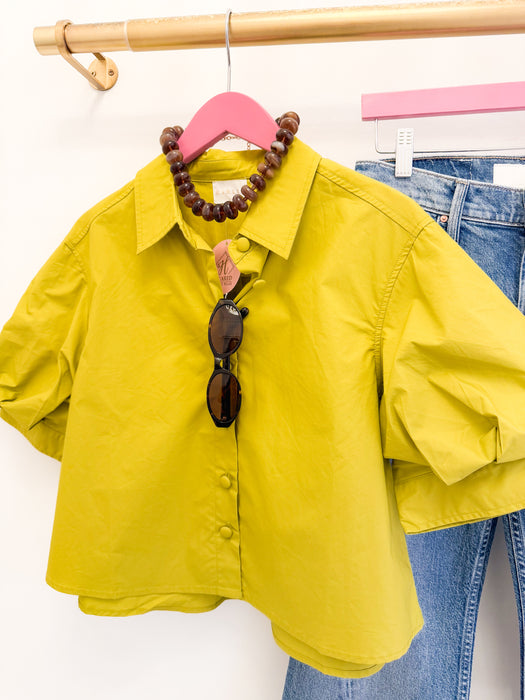 Solid Poplin Button Puff Sleeve Top