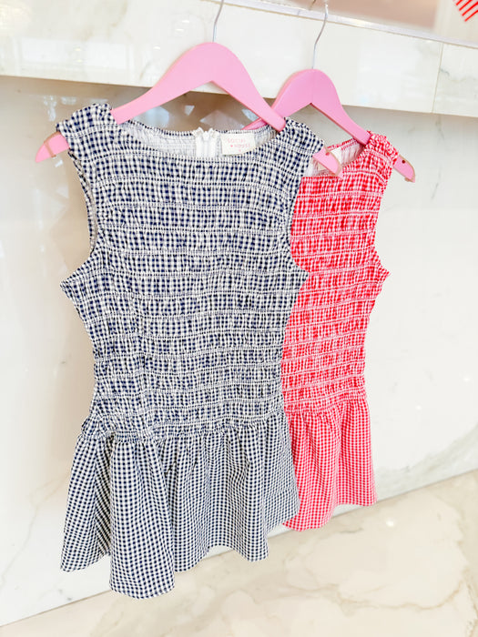 Gingham Smocked Boat Neck Romper
