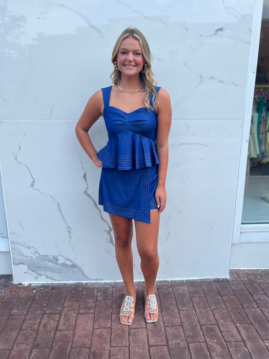 Denim Topstitched Peplum Top