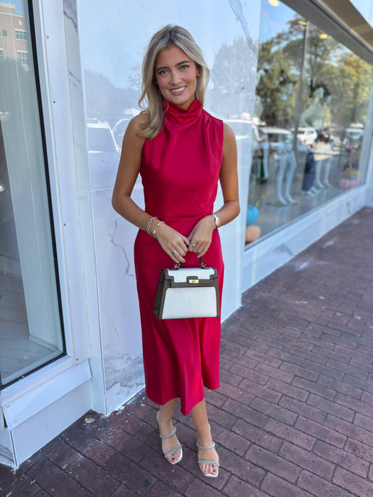 Jodie High Neck Satin Midi Dress