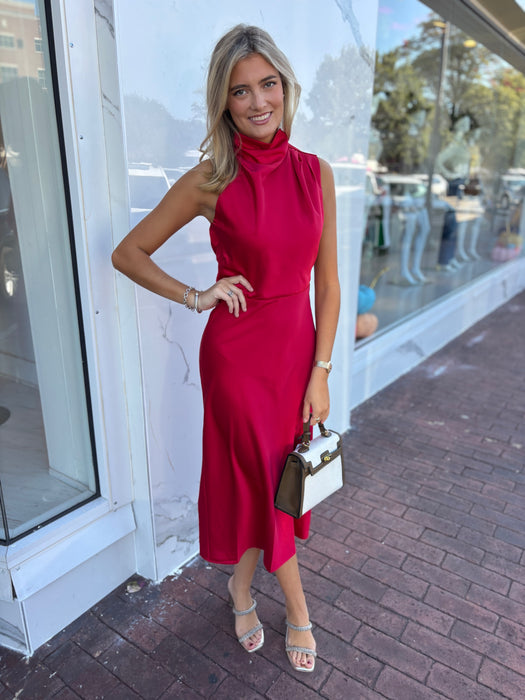 satin fitted midi dress Strapless Satin Midi Dress