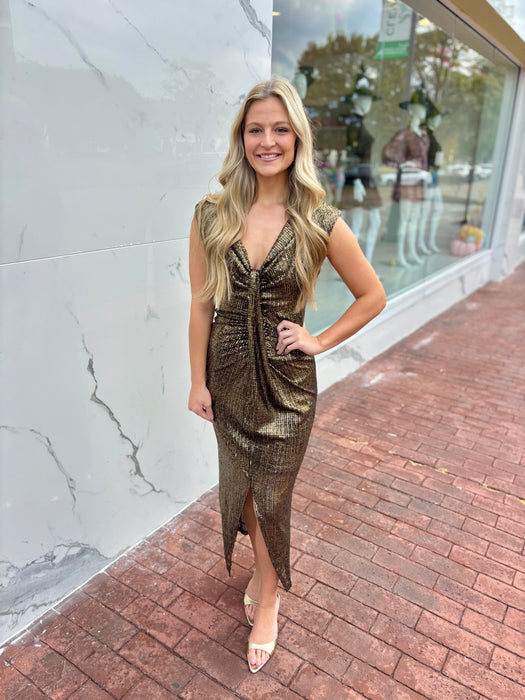 Dazzle Foil Ruched Midi Dress