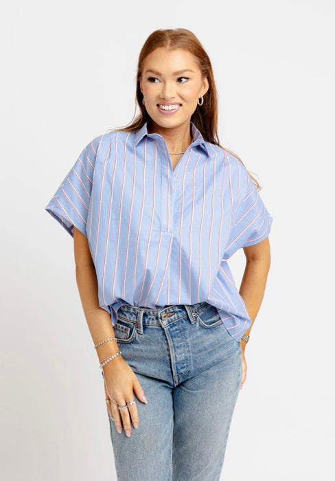 Stripe Poplin V Neck Signature Top