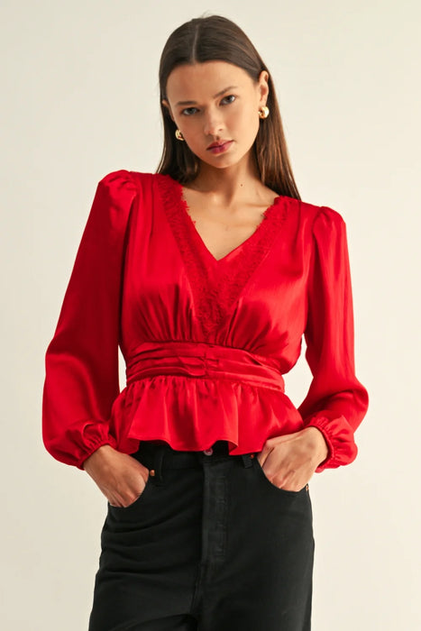 Jordyn Lace Inserted Long Sleeve Peplum Top