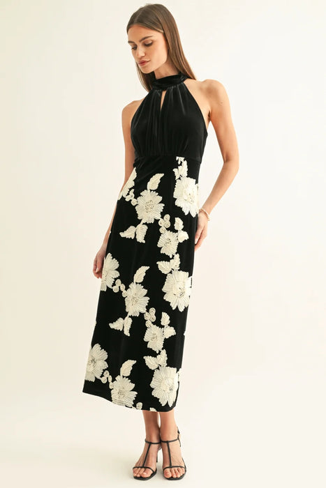 Oaklyn Flower Embellished Velvet Halter Midi
