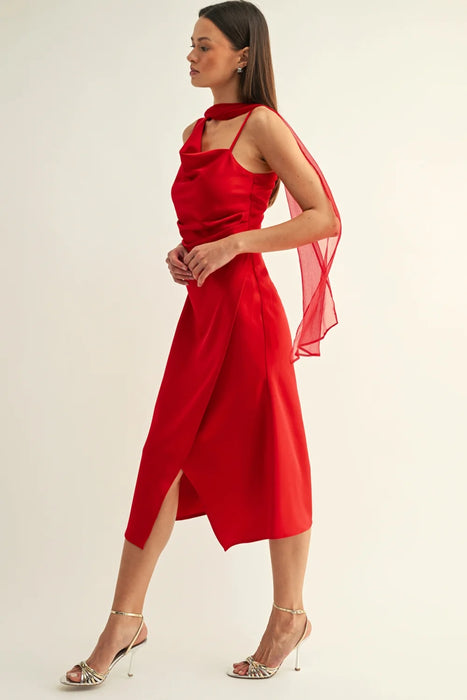 Selena Contrast Scarf Cowl Neck Slip Midi Dress