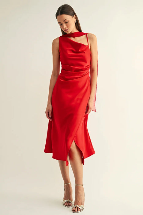 Selena Contrast Scarf Cowl Neck Slip Midi Dress