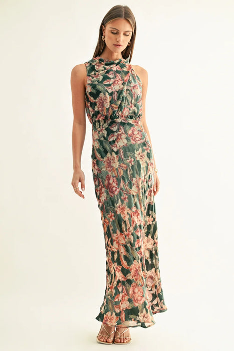 Veda Burnout Velvet Draped Maxi Dress