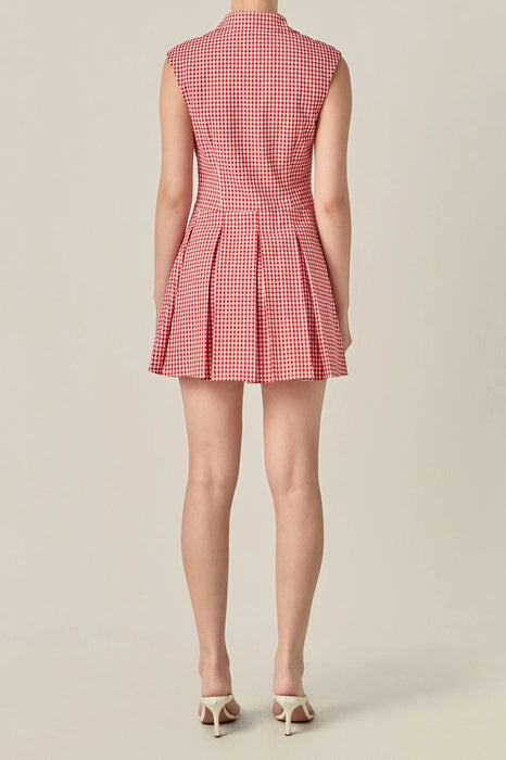 Button Up Pleated Gingham Mini Dress