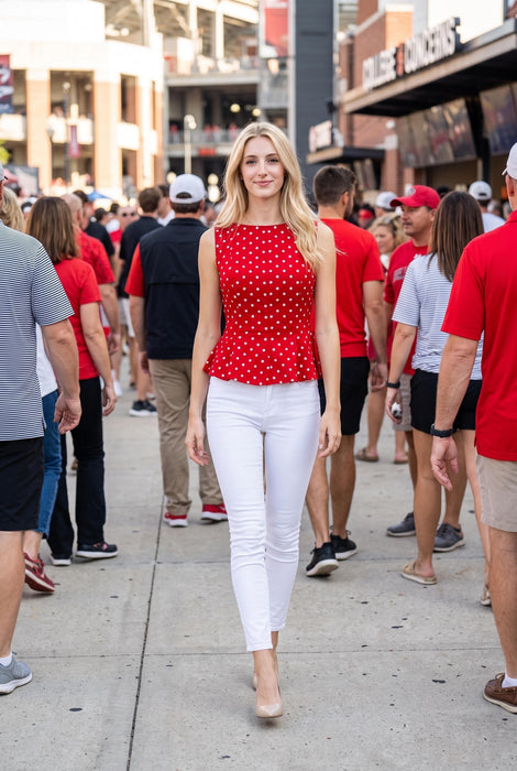 Polka Dot Stretch Denim Peplum Top