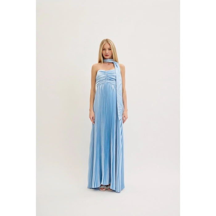 Pleated Satin Maxi with Scarf