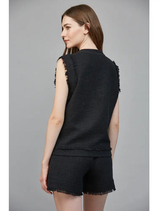 Decorative Button and Fray Tweed Vest