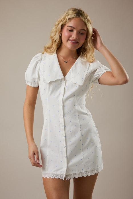 Polka Dot Puff Sleeve Button Down Dress