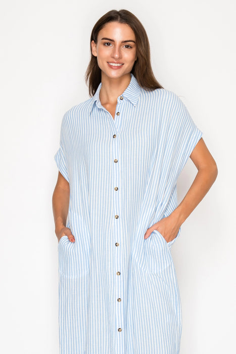 Blue Gauze Stripe Shirt Dress