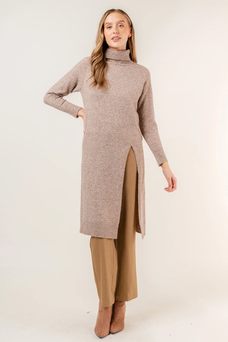 Turtle Neck Slit Long Sweater