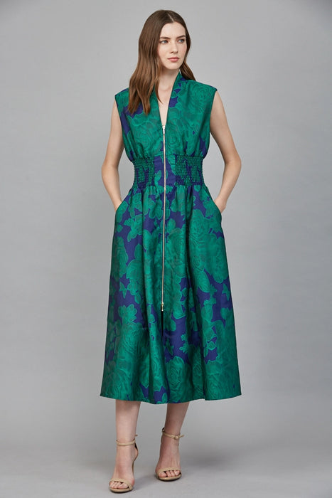Floral Jacquard Zip Front Midi Dress