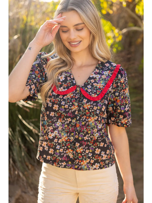 Wide Collar Button Down Floral Top