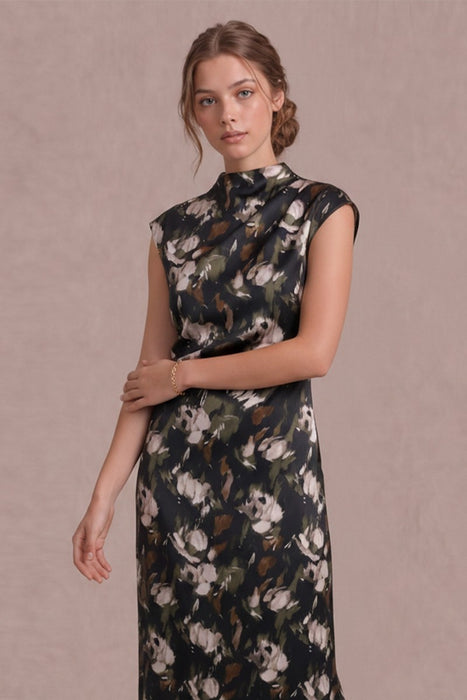 Mock Neck Printed Satin Maxi Dress