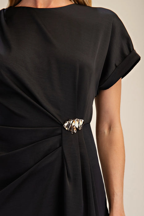 Gathered Metal Trim Short Sleeve Midi Dress