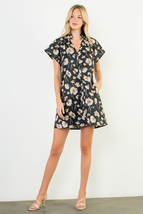 Short Sleeve Floral V Neck Dress