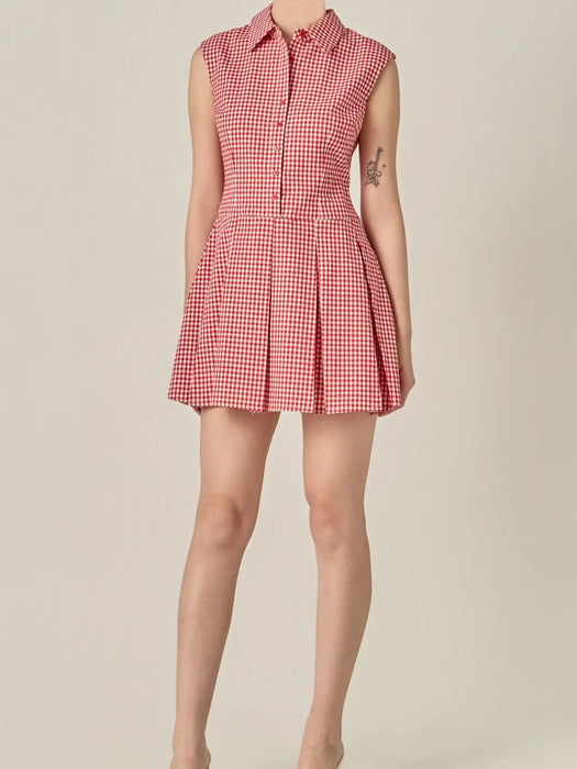 Button Up Pleated Gingham Mini Dress