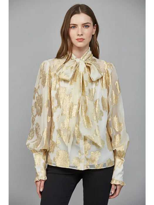 Jacquard Chiffon Blouse With Bow